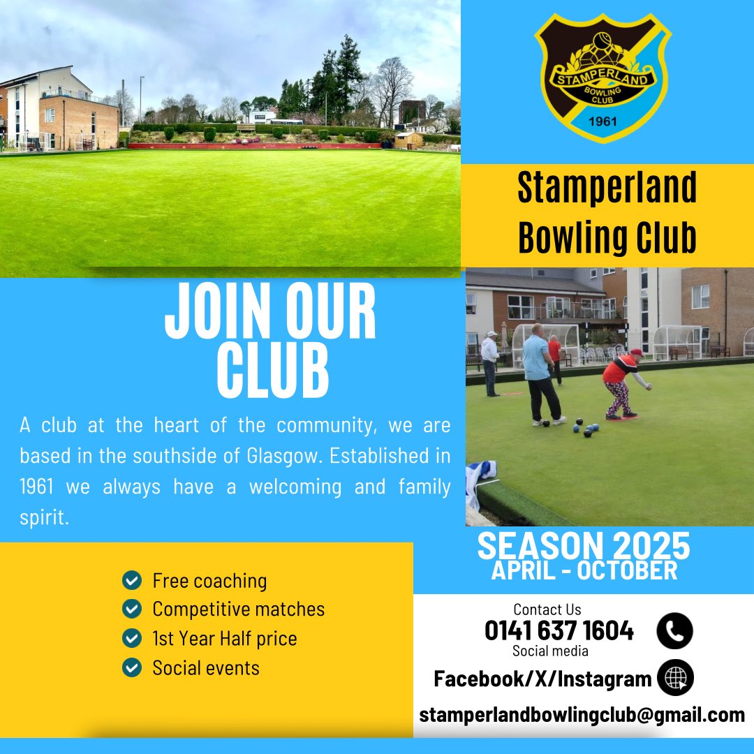 StamperlandBC's tweet photo. New year, new challenge?? Then look no further. Here at Stamperland we are always on the lookout for new members. Whether you're a bowler looking for a different club or a newbie who's keen to learn a new sport in 2025. We are here for you! 👋👋
🟡🔵⚫️🟡🔵⚫️ https://t.co/0sW7Whazd7