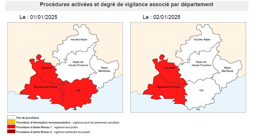 Pollution de l’air aux particules dans les Bouches-du-Rhône : maintien de l’alerte de niveau 1 demain, jeudi 2 janvier 2025.
La qualité de l'air continue de se dégrader, en raison de conditions météo stables et peu dispersives avec des émissions de polluants liés au chauffage