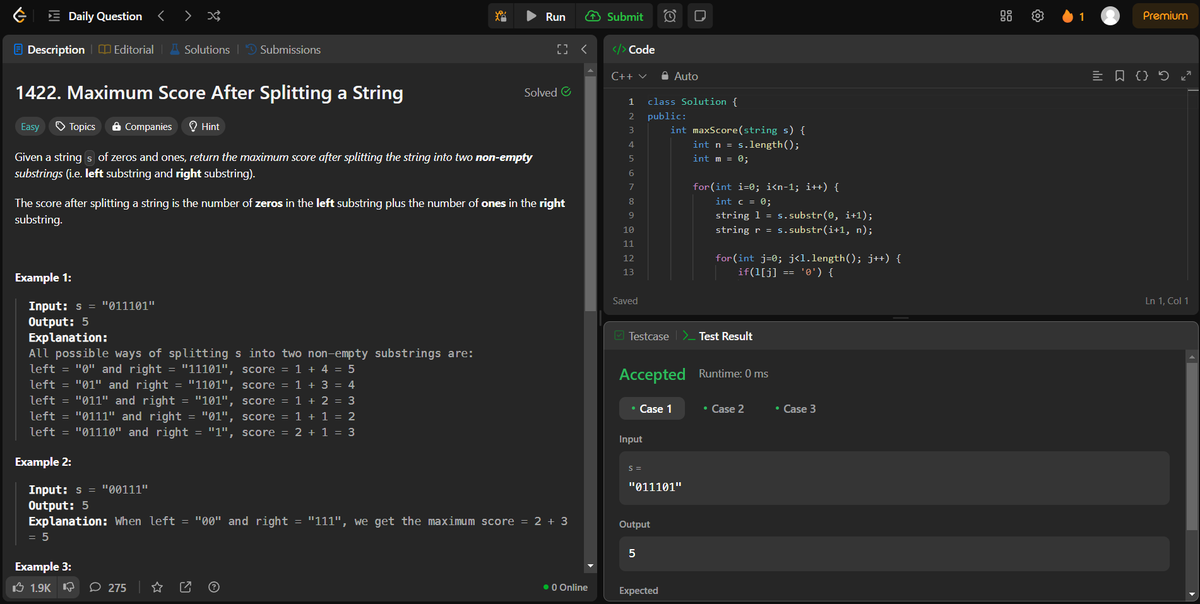 arav_mahind's tweet image. #Day21 of #30daysProductivityChallenge    

-- 📍Solved string and array related questions      
-- 📷Leetcode  
    - 1422. Maximum Score After Splitting a String  
    - 238. Product of Array Except Self
    - 134. Gas Station

#buildinpublic #DSA #LeetCode #ProblemSolving