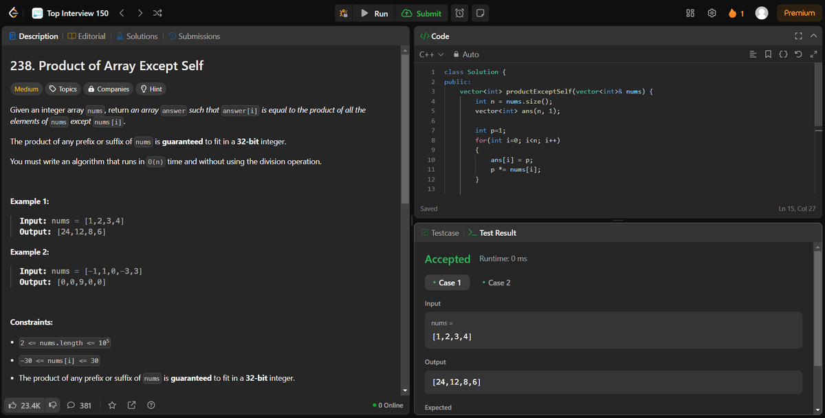 arav_mahind's tweet image. #Day21 of #30daysProductivityChallenge    

-- 📍Solved string and array related questions      
-- 📷Leetcode  
    - 1422. Maximum Score After Splitting a String  
    - 238. Product of Array Except Self
    - 134. Gas Station

#buildinpublic #DSA #LeetCode #ProblemSolving