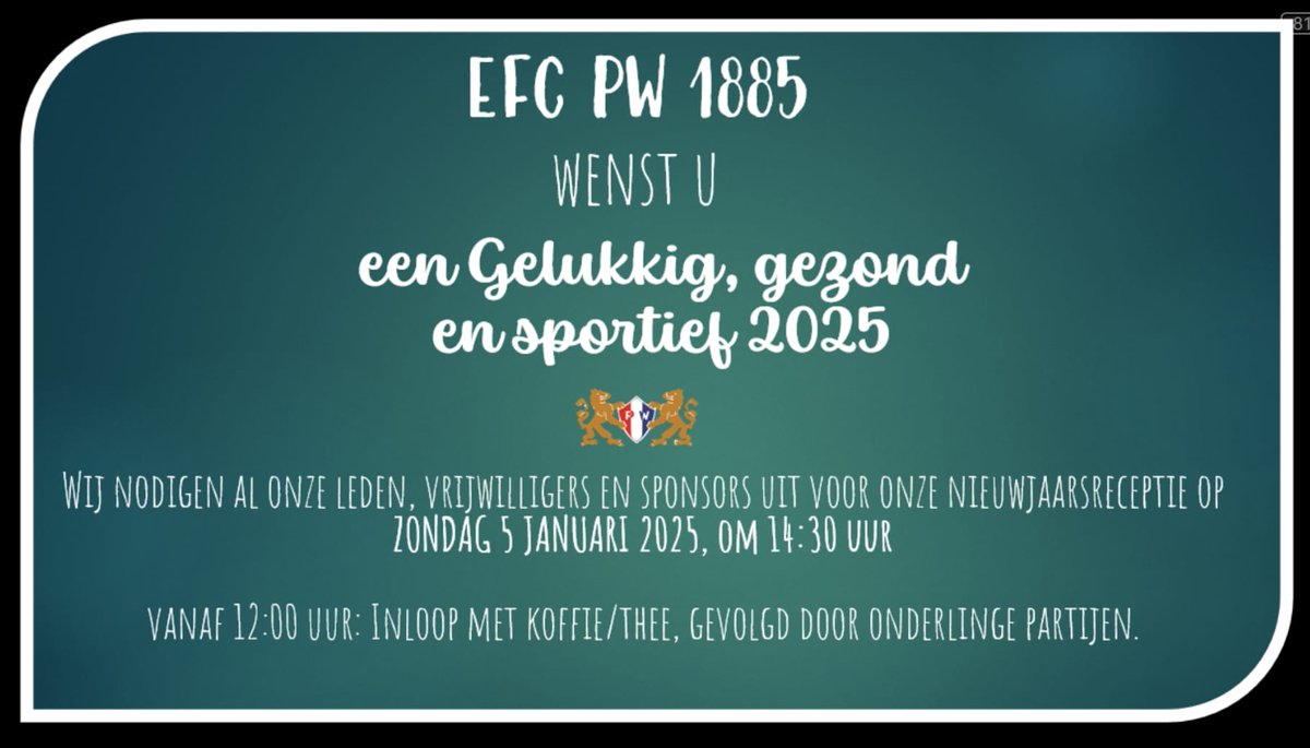 Zondag 05-01-2025
Voetballen in het nieuwe jaar 
12.00 uur ☕
12.30 uur ⚽
14.00 uur 🍻
14.30 nieuwjaarsreceptie EFC PW 1885
Komt allen!

efcpw.nl