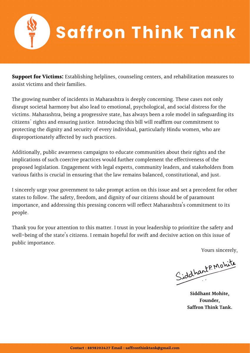 Siddhant Mohite (@siddhantmohite1) on Twitter photo Addressed a letter to the Hon’ble <a href="/CMOMaharashtra/">CMO Maharashtra</a> <a href="/Dev_Fadnavis/">Devendra Fadnavis</a> ji urging the introduction of an Anti-Conversion Bill to protect our Hindu daughters from the menace of Love Jihad. It’s time to uphold Hindutva values and ensure justice.
<a href="/SaffronTank/">Saffron Think Tank</a> Addressed a letter to the Hon’ble <a href="/CMOMaharashtra/">CMO Maharashtra</a> <a href="/Dev_Fadnavis/">Devendra Fadnavis</a> ji urging the introduction of an Anti-Conversion Bill to protect our Hindu daughters from the menace of Love Jihad. It’s time to uphold Hindutva values and ensure justice.
<a href="/SaffronTank/">Saffron Think Tank</a>