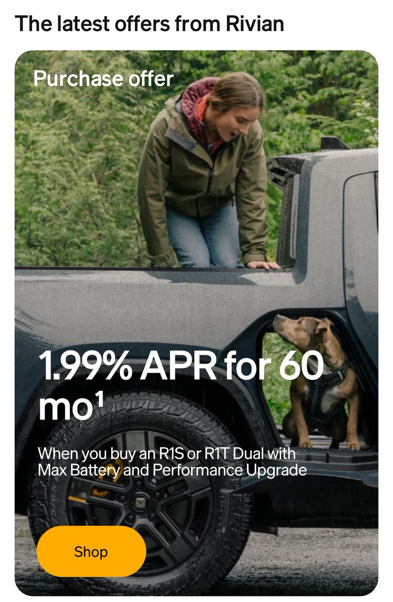Hilbe's tweet photo. Rivian has rolled out the first deal for 2025.  It’s a 1.99% APR for 60 months for the R1T and R1S Dual Max with Performance. https://t.co/uyKYGCNRr9