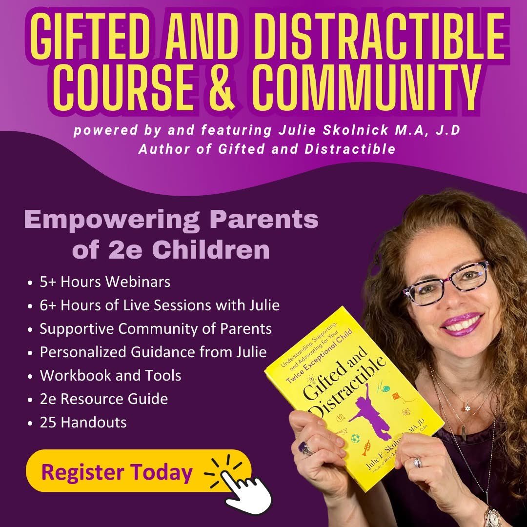 Introducing the Gifted and Distractible Course &amp; Community featuring Julie Skolnick, author and 2e expert. This 8-week course (starts Jan 14th) helps parents to shift from uncertainty to confidence, with tools, insights, and a supportive community. withunderstandingcomescalm.com/gifted-and-dis…