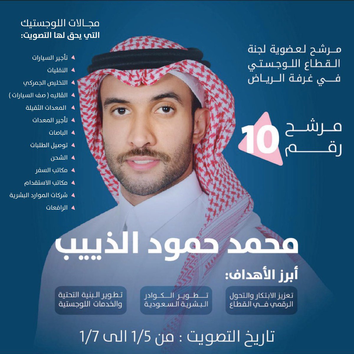 إيمانًا بدورنا في خدمة قطاع الأعمال والمساهمة في تطوير الاقتصاد الوطني وفق رؤية المملكة 2030، أعلن كل من:

- محمد بن حمود الذييب، الرقم الانتخابي 10، ترشحه في لجنة القطاع اللوجستي.
- أحمد بن حمود الذييب، الرقم الانتخابي 1، ترشحه في لجنة السياحة والترفيه والفعاليات. <a href="/ahmedaltheebb/">احمد حمود عبدالله الذييب</a>