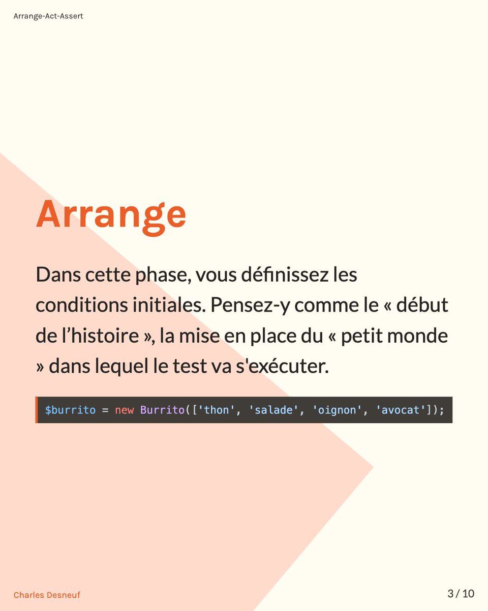 Selrahcd's tweet image. Une bonne façon de s&apos;y retrouver dans ses tests est d&apos;utiliser une structure commune. On conseille généralement de suivre une structure en 3 parties:
- Arrange : Décrire le context
- Act : Lancer l&apos;action
- Assert  Faire les vérifications