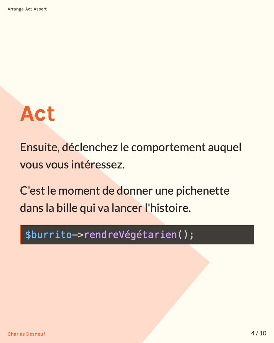 Selrahcd's tweet image. Une bonne façon de s&apos;y retrouver dans ses tests est d&apos;utiliser une structure commune. On conseille généralement de suivre une structure en 3 parties:
- Arrange : Décrire le context
- Act : Lancer l&apos;action
- Assert  Faire les vérifications