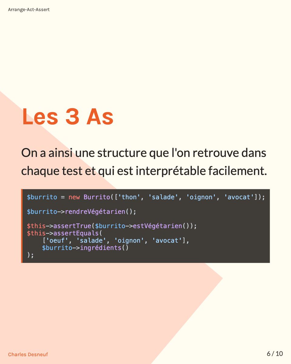Selrahcd's tweet image. Une bonne façon de s&apos;y retrouver dans ses tests est d&apos;utiliser une structure commune. On conseille généralement de suivre une structure en 3 parties:
- Arrange : Décrire le context
- Act : Lancer l&apos;action
- Assert  Faire les vérifications