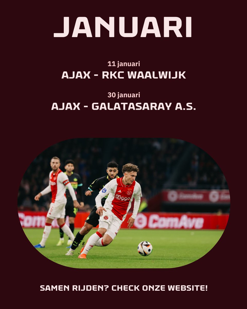 Nieuw jaar, nieuwe maand en na de winterstop weer nieuwe wedstrijden voor de voetbalfans! ⚽

Reis je met de auto en heb je een plek over? Of wil je graag met iemand meerijden? Gebruik dan de widget op johancruijffarena.nl/samenrijden! #JohanCruijffArenA #Kalender #SamenRijden