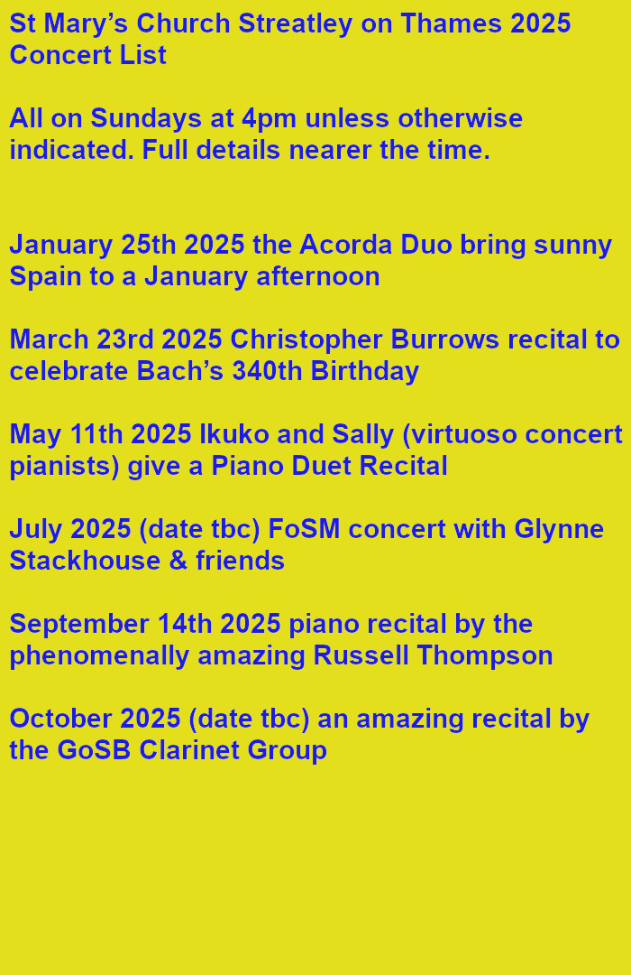 2025 concert list below. Next concert is a Spanish Fantasia on Sunday January 26th at 4pm with the Acorda Duo,virtuoso classical guitarist Gary Jordan and concert pianist Seth Williams. Brighten up January! Olé! @outlookpw <a href="/phil_creighton/">Phil Creighton </a> <a href="/StreatleyPC/">Streatley PC</a> <a href="/GoringStreatley/">Goring and Streatley</a> <a href="/randamag/">Round & About Magazine</a>