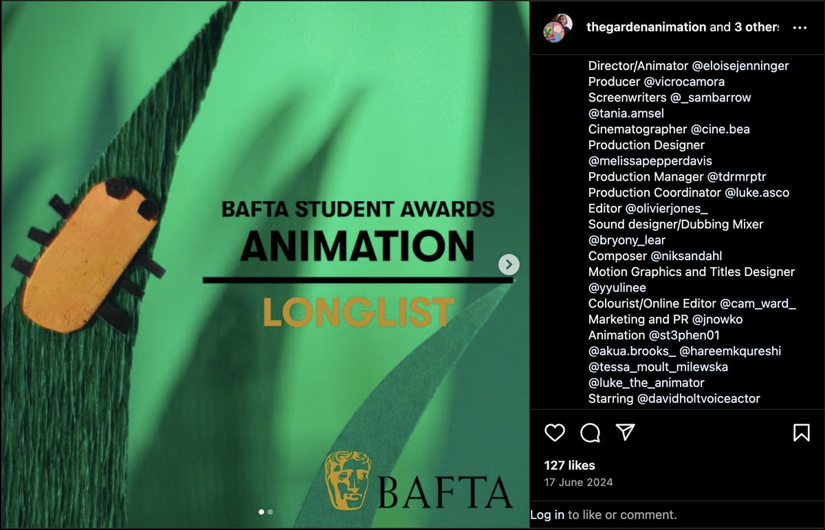 One of my great memories of 2024 
Film The Last Garden, which I worked on at the National Film and Television School, directed and animated by Eloise Jenninger, had been long-listed for the 2024 BAFTA Student Awards in the Animation Film category!