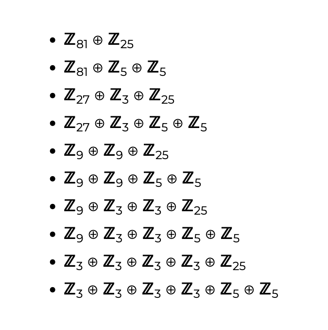 AlgebraFact's tweet photo. There are 10 Abelian groups of order 2025. https://t.co/XUd7rzh2g4