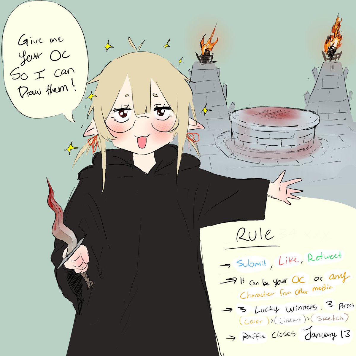 To celebrate New Year and 4k... we do a Raffle!!!!!!!!

I would like you all to Sacrifice your OCs to me. There will be 3 lucky sacrifices among your offerings, all of which are determined by fate (spinning wheel).

Make sure to read the rules too, simple stuff.