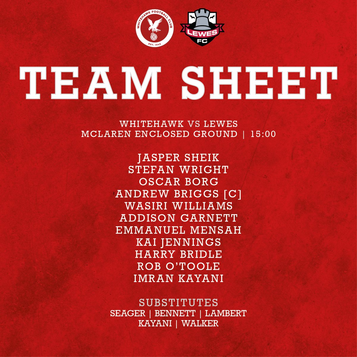 Here is your Hawks lineup for todays <a href="/IsthmianLeague/">The Pitching In Isthmian League</a> clash with <a href="/LewesFCMen/">Lewes FC Men</a> 

#COYH