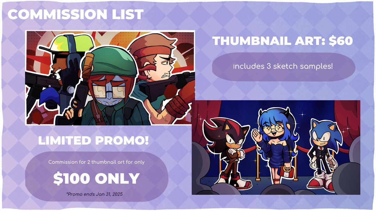 𝐑𝐓𝐒 𝐀𝐏𝐏𝐑𝐄𝐂𝐈𝐀𝐓𝐄𝐃]
💜 I'm opening commissions 💜

For any character, thumbnail, or background needs my services are available 🌱If you have any Qs, please DM me or contact me through email - ensunmada@gmail.com

I'm also doing a promo for thumbnail art! ミ ᕕ(ᐛ) ᕗ