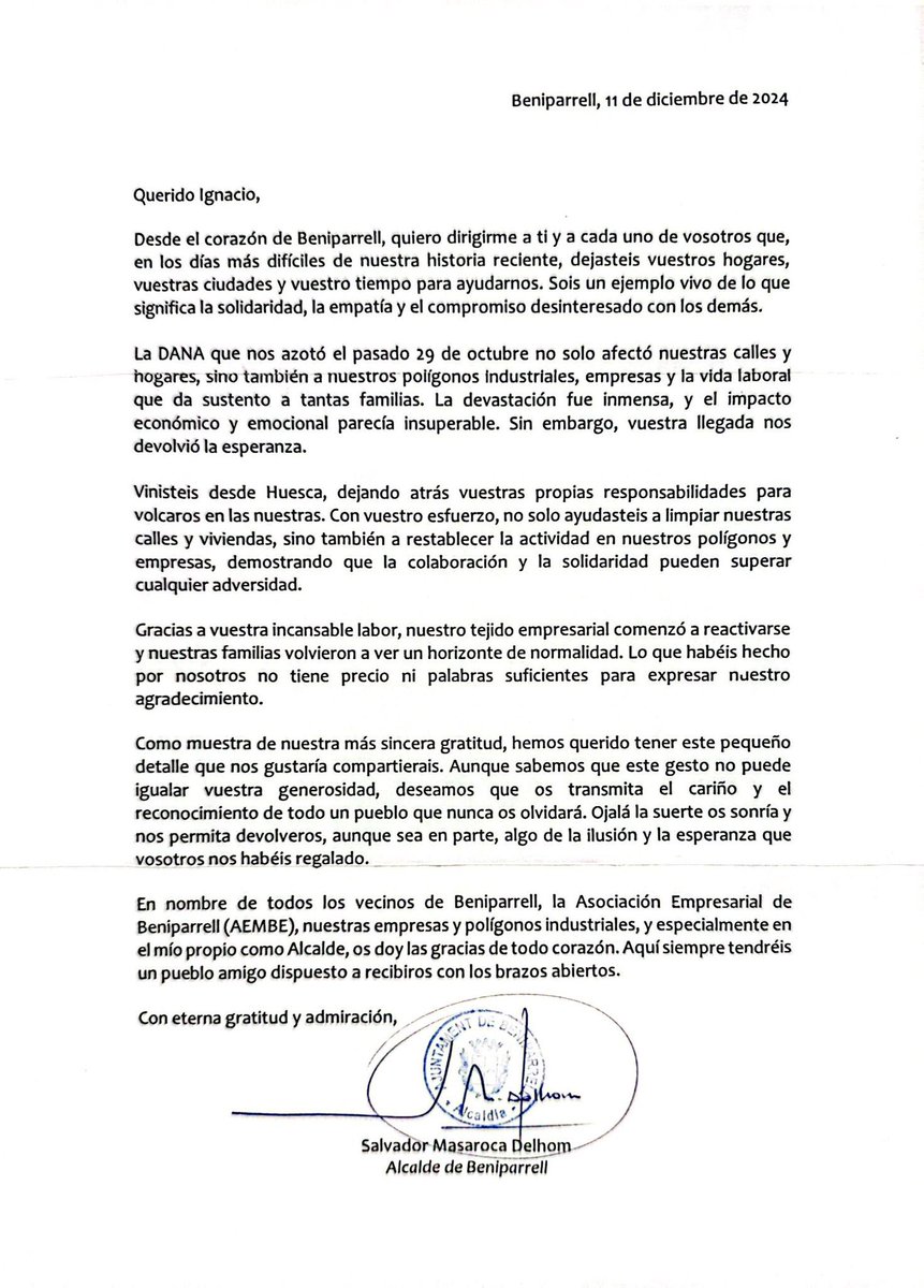La Navidad nos trajo este maravilloso regalo en forma de carta. Muchas gracias #Beniparrel, fue un placer aportar nuestro granito de arena. 

Fuimos testigos de un pueblo fuerte y solidario. Vuestras palabras dan sentido al propósito de nuestro Foro.
Será un placer compartir.
