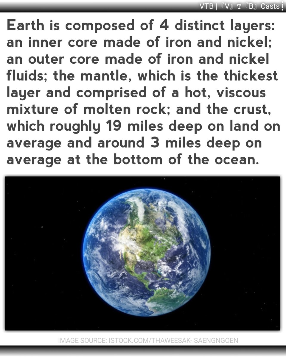 vtbcfeed's tweet image. #earth #composed #distinct #layers #innercore #iron #nickel #outercore #ironfluids #nickelfluids #mantle #thickestlayer #layer #viscousmixture #moltenrock #crust #miles #deep #land #milesdeep #ocean #oceans #vtbcasts #vtb #science