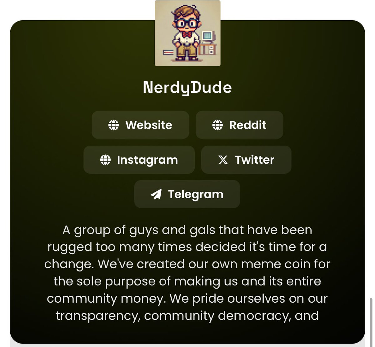 MB7712262331396's tweet photo. $Keeper #Keeper community just got rugged hard! From 10Mil MC. We welcome you all to the $Nerdy community.
Our community was created due to being over the amount of rugs in this space. Come and make your losses back and grow with us, and run this to $10Mil MarketCap.
@0fficialNerd 
https://t.co/d1Q4x9Iw3X