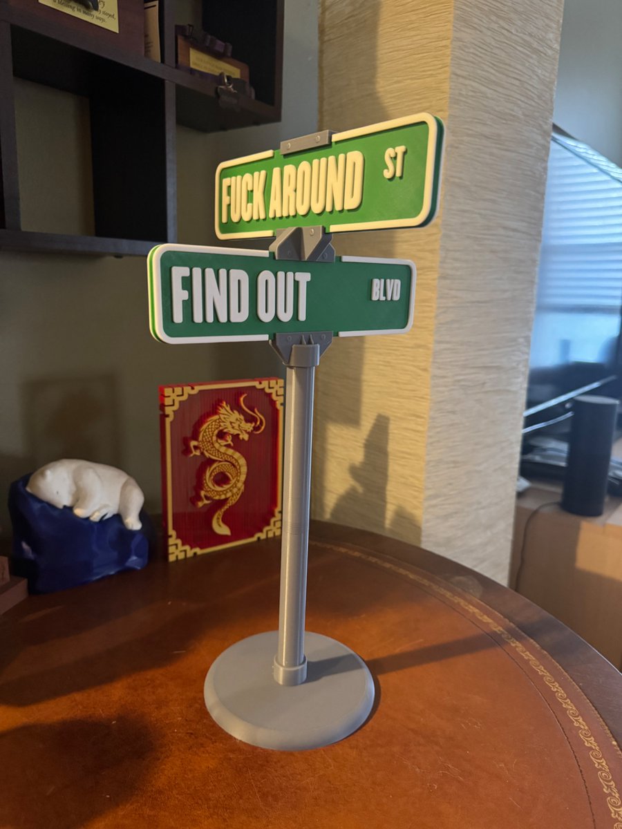 reprinted3D's tweet image. The response to my remixes of the "F*** Around" street signs was so nice, I've posted the files to #MakerWorld. In addition to making the signs larger, I added two family-friendly options for the top, &amp;amp; a cap for the top signs to complete the look.

Enjoy!
makerworld.com/en/models/9357…