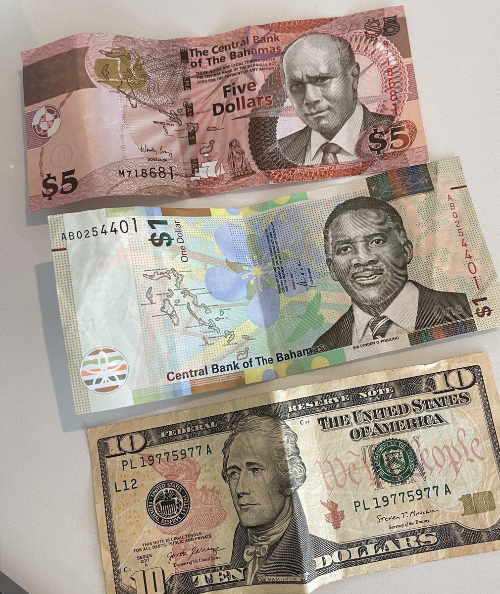 Bahamian money is a lot more colorful than U.S. money … but the rate of  exchange is the same: 1 USD = 1 Bahamian dollar 💵