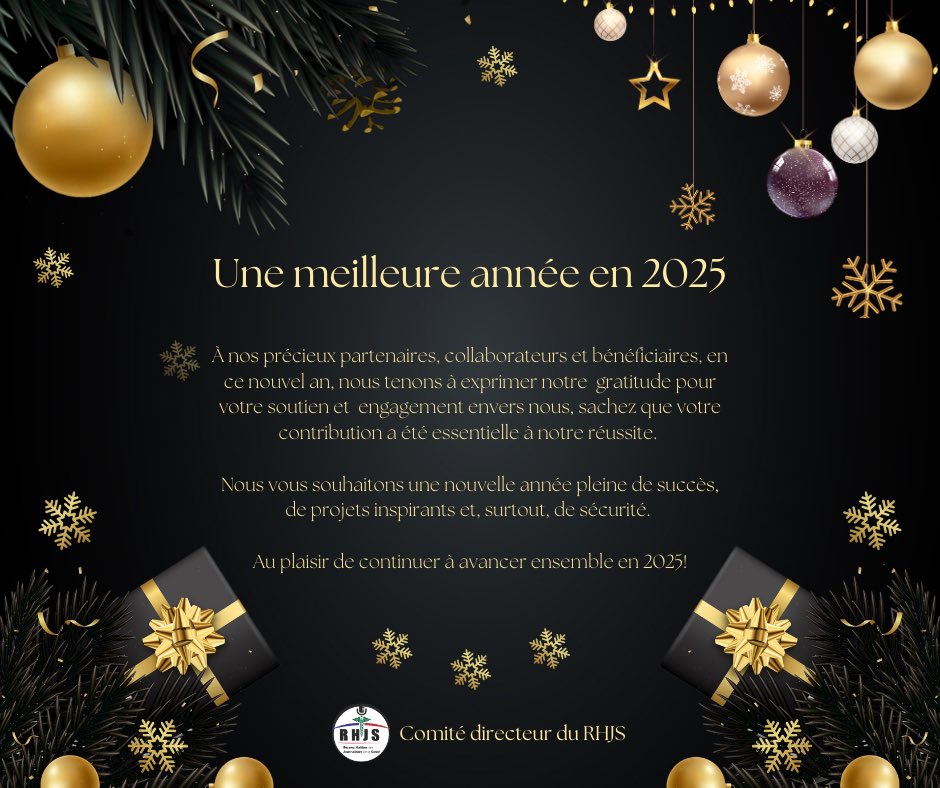 RhjsHaiti's tweet image. Une meilleure année en 2025
A nos précieux partenaires, collaborateurs et bénéficiaires, en
ce nouvel an, nous tenons a exprimer notre gratitude pour
votre soutien et engagement envers nous, sachez que votre contribution a été essentielle à notre réussite.

#RHJS #Sante