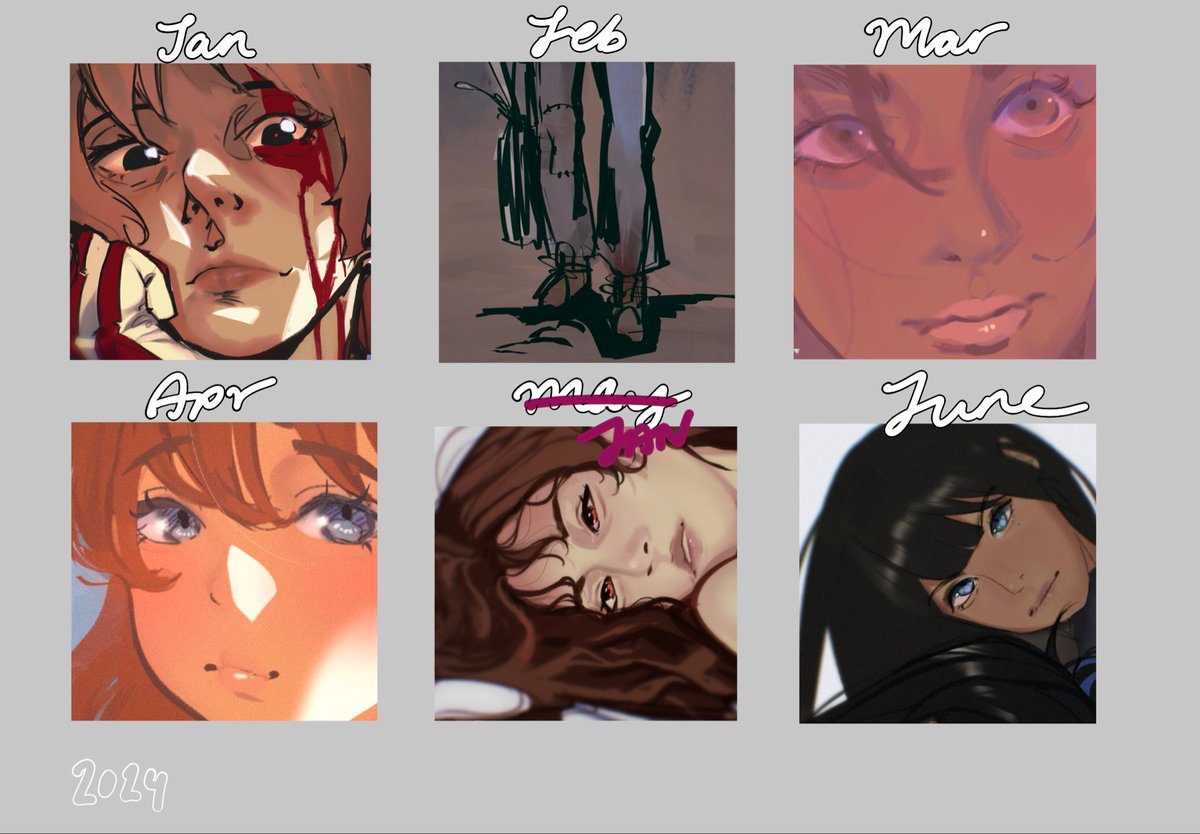artsight_'s tweet photo. 2024 art summary. This years spread is less colourful than usual, and it was hard to find an example for each month. https://t.co/9PdTjo3sz6