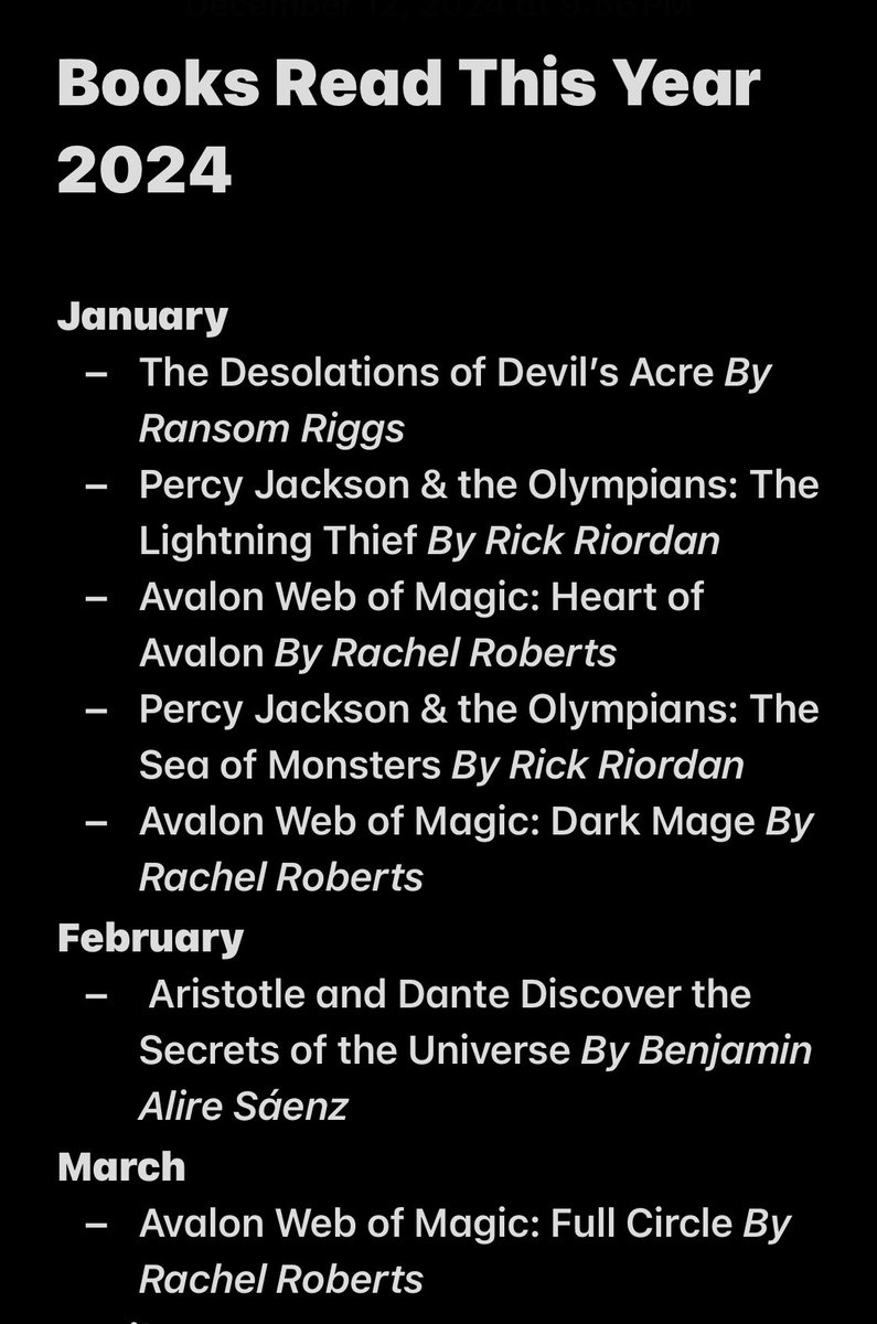 Ellen1726's tweet photo. My read list from 2024. I just managed to get one book a month the last half of the year. Idk what happened I was doing good at the being then no got distracted in the later half. https://t.co/SSooMYweSD