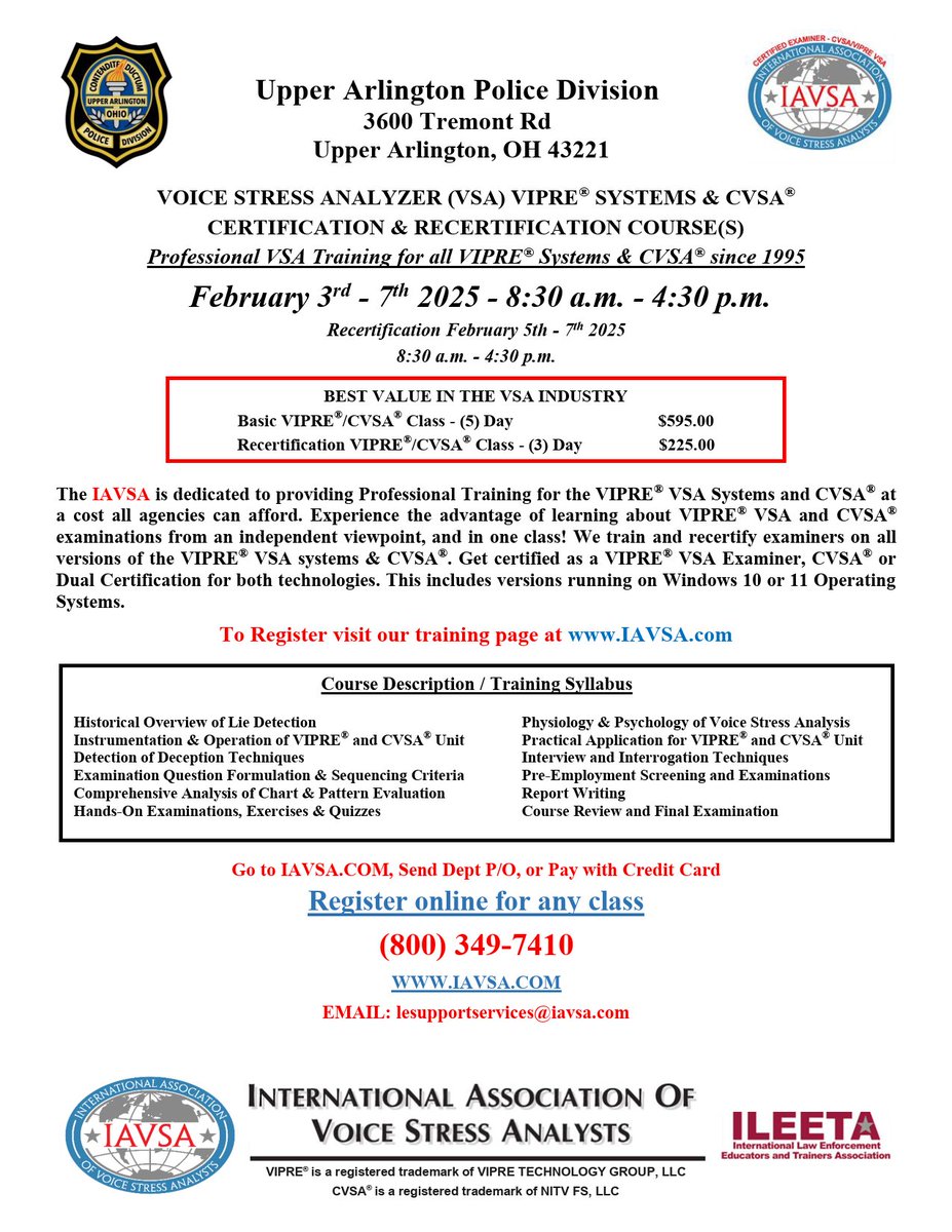 IAVSA1's tweet photo. iavsa1's profile picture
The Upper Arlington Police Division, Upper Arlington, Ohio will host a Voice Stress Analysis (VSA) Examiner's Basic and Recertification Course from 3 February 2025 through 7 February 2025. 

Visit https://t.co/xsCADLG7B2 to sign up for this training. https://t.co/zfv81nfojp
