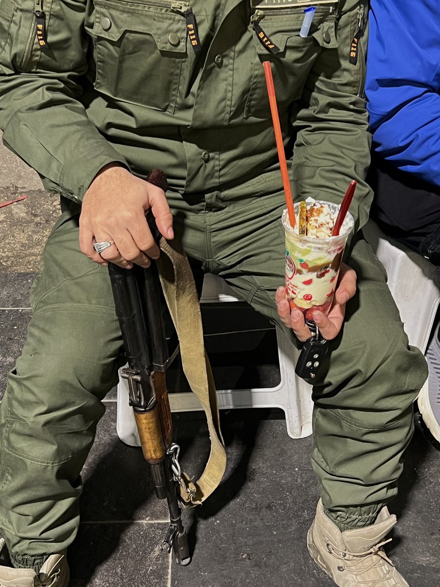 Abu abdo in Damascus.
The best smoothies, cocktails &amp; fruit salads you will ever have. 

&amp; some guys just like you and me (probably younger than both you &amp; me) who just freed their country enjoying freedom.