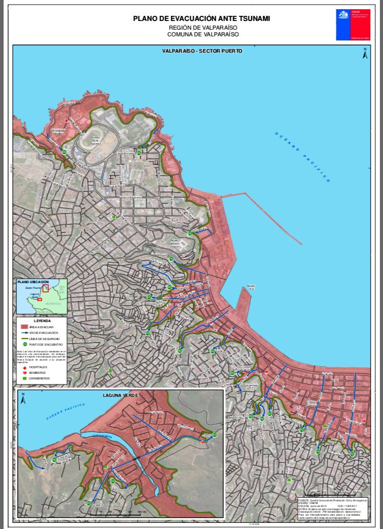 Acabo de leer lo que ha ocurrido en Laguna Verde y a decir verdad no me sorprende, ya que las personas al vivir en esa zona están aceptando el riesgo de inundación que hay, o pensarán que nunca se inundará? Ya sea por lluvia, marejadas o tsunami.

Plano de evacuación cota 30 msnm