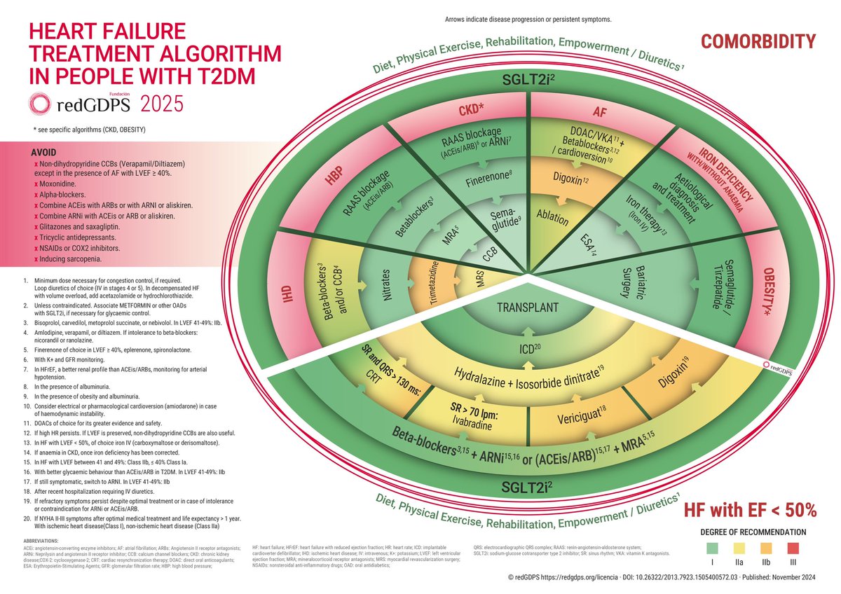 Earliest bird of 2025 🐦. New @redgdps HEART FAILURE  algorithm in people with Type 2 Diabetes, now with colors of evidence 🟢🟡🟠🔴 from green (recommended) to red (avoid), where comorbidity plays a prominent role. Happy New Year 🎆