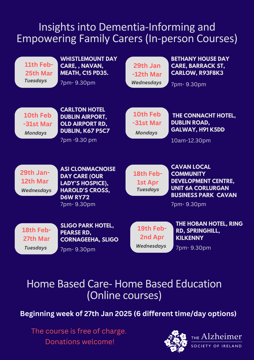 alzheimersocirl's tweet photo. Are you a family carer for someone with dementia? Whether it's a parent, spouse, neighbour, or friend, we have courses for you!

Apply now for our 2025 Home-Based Care-Home Based Education online course and in-person Insights into Dementia course.

Apply: https://t.co/Wr0PlVLDZc. https://t.co/B9cEmvYkLb