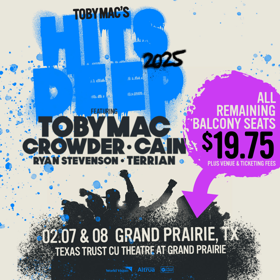 Kick off 2025 by securing your tickets for TobyMac's #HITSDEEPTOUR2025! 🎫
All remaining balcony tickets are only $19.75 plus taxes and fees 💰
Info 👉 klty.com #KLTYConcerts