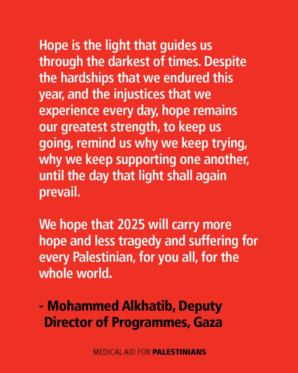 MedicalAidPal's tweet photo. Happy New Year from MAP!

Despite the huge professional and personal challenges faced, our local teams have remained dedicated to supporting those in need. 

Thank you for your steadfast support in 2024.

We look forward to a safer and more peaceful 2025. ❤️🕊️ https://t.co/pbK4Ra1S38