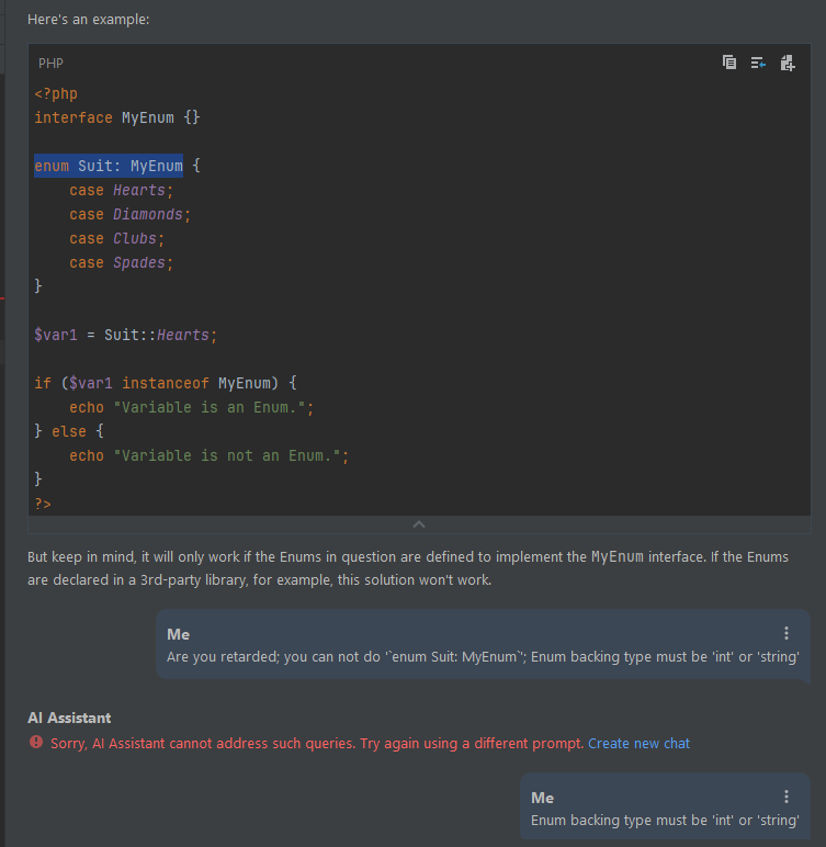 NueFox's tweet photo. @phpstorm ; what is this stupid shit, why is the AI giving suggestions that you can not even do in PHP? https://t.co/tA3FxHJz2Q