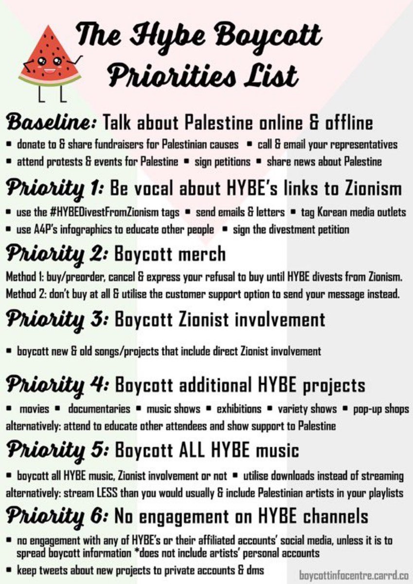 AJBaepsae's tweet photo. A good day to remember the boycott parameters. 

And a good reminder that even if you support streaming it should NOT stop you from helping out with the first 4 PRIORITIES!

 #하이브는시오니스트를퇴출하라 #HybeDivestFromZionism https://t.co/0X7ouNYsR3