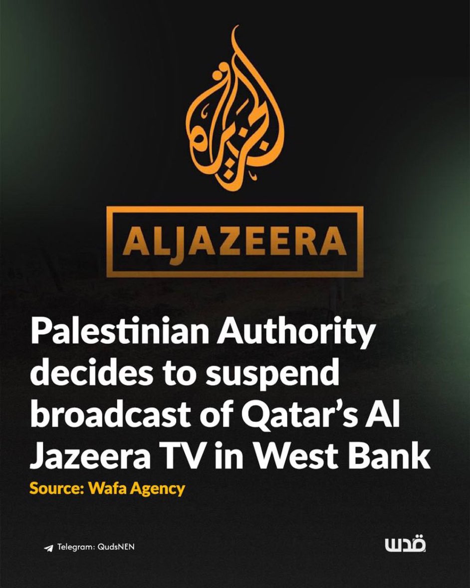 HowardRBeckett's tweet photo. Al Jazeera has now been ‘suspended’ from broadcasting from the West Bank. 

Al Jazeera is already banned in Israel 🇮🇱 

Western media is banned from Gaza 🇵🇸 

201 Palestinian 🇵🇸 journalists have been murdered by Israel 🇮🇱 

True journalism is under attack to hide genocide. https://t.co/qjInjloRlf