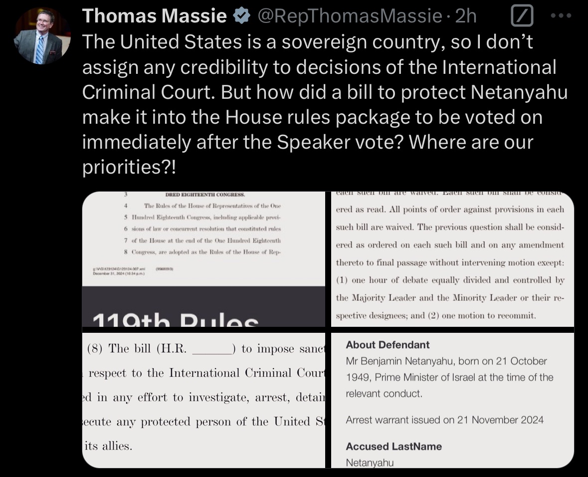 AFpost's tweet photo. Rep. Thomas Massie exposes bill to protect Netanyahu included in the House rules package, scheduled for a vote immediately after the Speaker election.

Follow: @AFpost https://t.co/5Jv0Vb2tqM