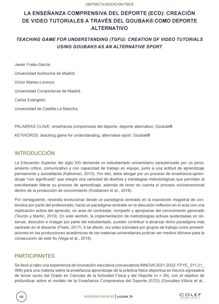 Víctor Manso-Lorenzo (@ef_140) on Twitter photo Ya disponible presentación en XVII Congreso Internacional <a href="/AEISAD_Oficial/">AEISAD</a> 👉🏻 Revista <a href="/ColefAndalucia/">COLEF Andalucía, Ceuta y Melilla</a>
Junto a <a href="/Jav_Fra_Gar/">Javier Fraile García</a> y <a href="/Carlos_evan_/">Carlos Evangelio</a> explicamos el proceso de creación de vídeo tutoriales a través del <a href="/goubak_sport/">GOUBAK ®</a> y #ECD
🎥youtube.com/playlist?list=…
📚researchgate.net/publication/38… Ya disponible presentación en XVII Congreso Internacional <a href="/AEISAD_Oficial/">AEISAD</a> 👉🏻 Revista <a href="/ColefAndalucia/">COLEF Andalucía, Ceuta y Melilla</a>
Junto a <a href="/Jav_Fra_Gar/">Javier Fraile García</a> y <a href="/Carlos_evan_/">Carlos Evangelio</a> explicamos el proceso de creación de vídeo tutoriales a través del <a href="/goubak_sport/">GOUBAK ®</a> y #ECD
🎥youtube.com/playlist?list=…
📚researchgate.net/publication/38…