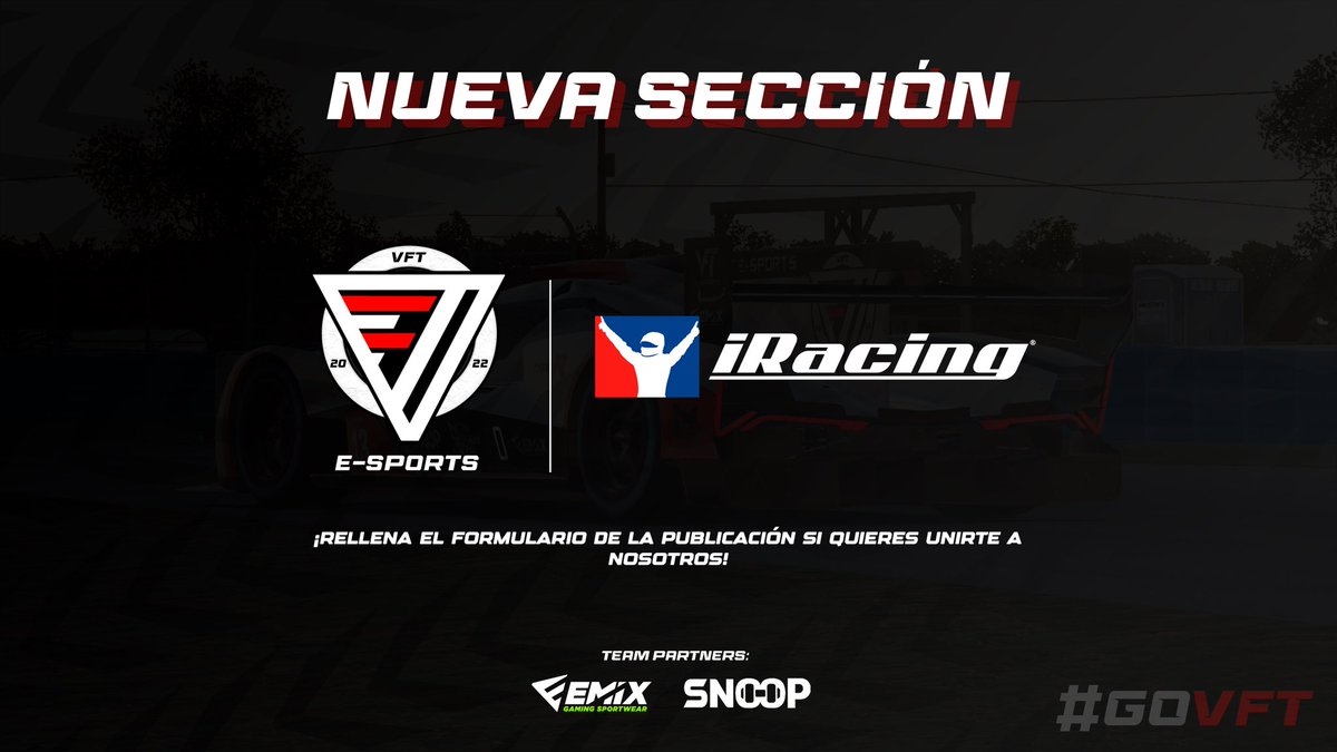 🚨🔜Tenemos muchas noticias que daros para este 2025 y ahí os va la primera:

Desde VFT e-Sports anunciamos nuestra entrada al competitivo de iRacing en este 2025.
Y estamos buscando más pilotos, managers o colaboradores para el equipo que quieran progresar con nosotros.

Sigue⬇️