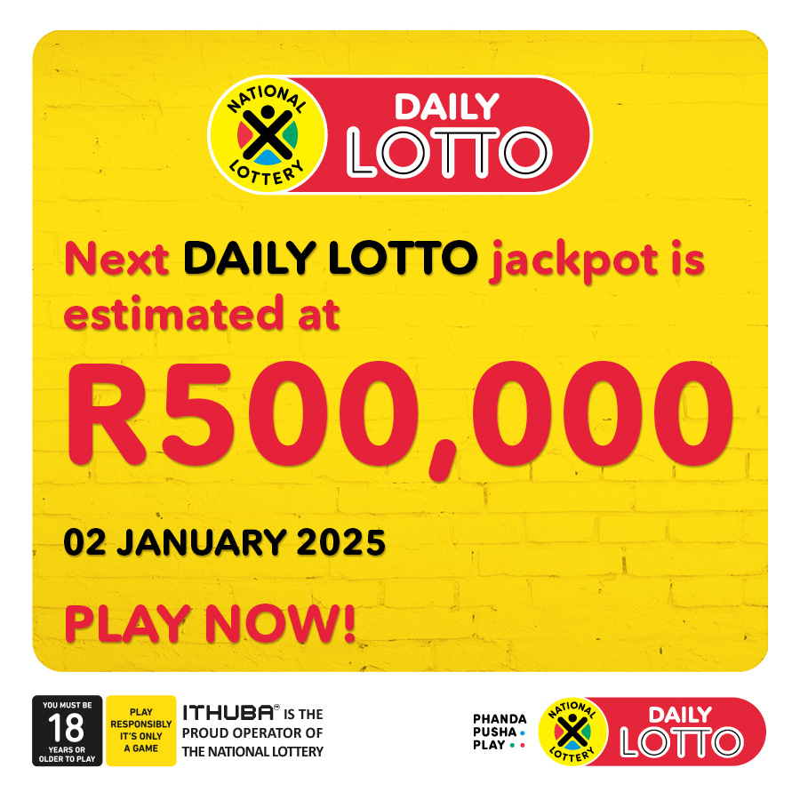sa_lottery26's tweet photo. Next DAILY LOTTO jackpot is estimated at R500,000! 
 
PLAY NOW https://t.co/f05wi7nYSr or on the Mobile App.
 
Players must be 18 years or older, play responsibly. ITHUBA is the proud operator of the National Lottery. https://t.co/kJ8L5N1Cfr