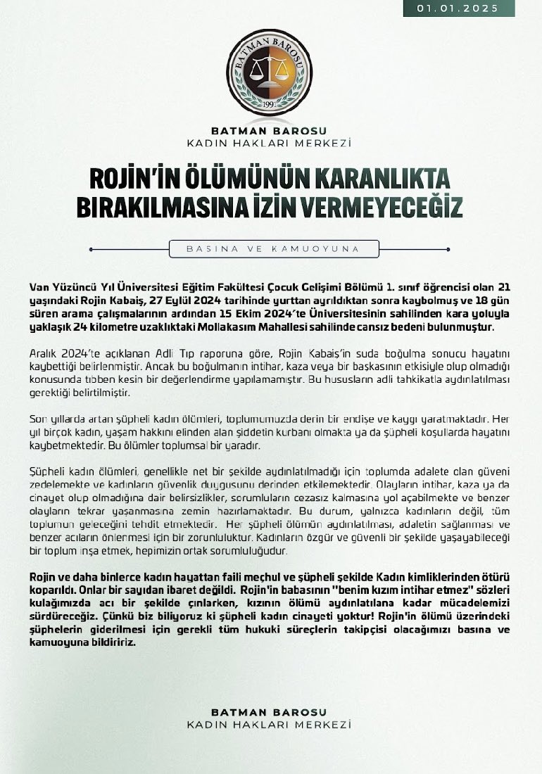Rojin’in ölümünün karanlıkta bırakılmasına izin vermeyeceğiz.