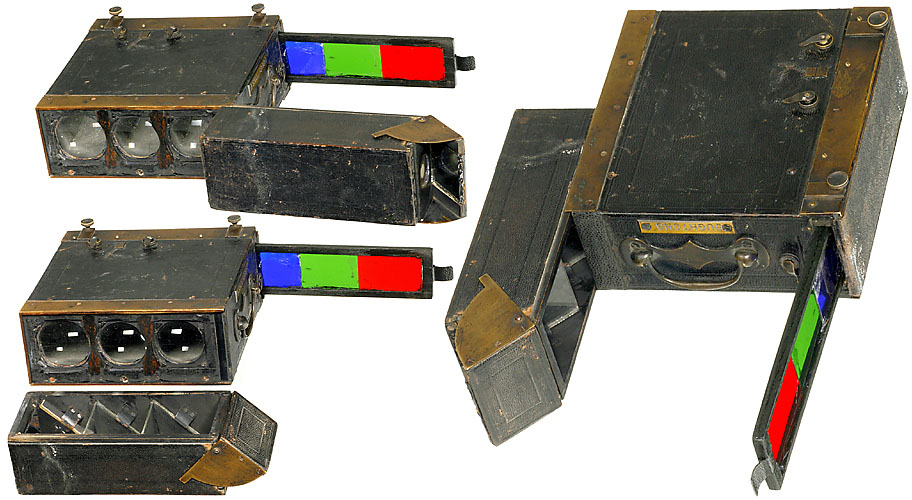 RealPreCinema's tweet photo. 1899
THE MÉLANOCHROMOSCOPE
LOUIS ARTHUR DUCOS DU HAURON (1837-1920)
The #Mélanochromoscope, by #duHauron and Lesueur, Paris, 1899. The #Trichrome Camera provided 3, 35×35 mm views on a single plate.
Usable as a polychrome image viewer from positive plates. The Mélanochromoscope allowed simultaneous exposures using three filters, (blue, green, and red), on three B/W plates (1.37 x 1.37-inch format).
It was also used to view these colour photographs, providing a visual superimposition of three positives in their respective tints.
Image Swiss Camera Museum.