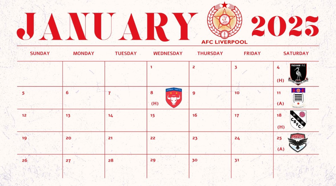 AFCLiverpool's tweet photo. With it being the start of the year - here’s the January’s fixtures so you can plan your month ahead in order to watch the Non League Reds 💪🏻⚽️ #StaffosArmy #3homegames #2awaygames https://t.co/lZ4Wbjj39c