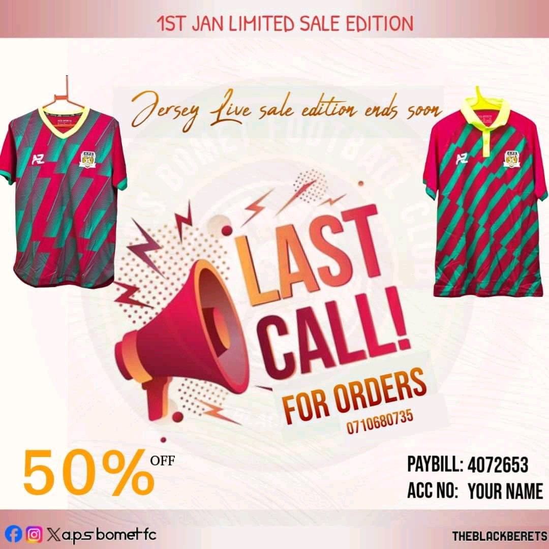 APSBOMETFC's tweet photo. 🚨 LAST CALL! 🚨  
The APS Bomet Jersey Sales ends soon!
  
This is your last chance to wear your #BometPride in style at an unbeatable price.  

Act fast 

49 minutes to go 

#APSJerseySale 

#RoadToFKFPL2025 https://t.co/RpbJHTGiEz