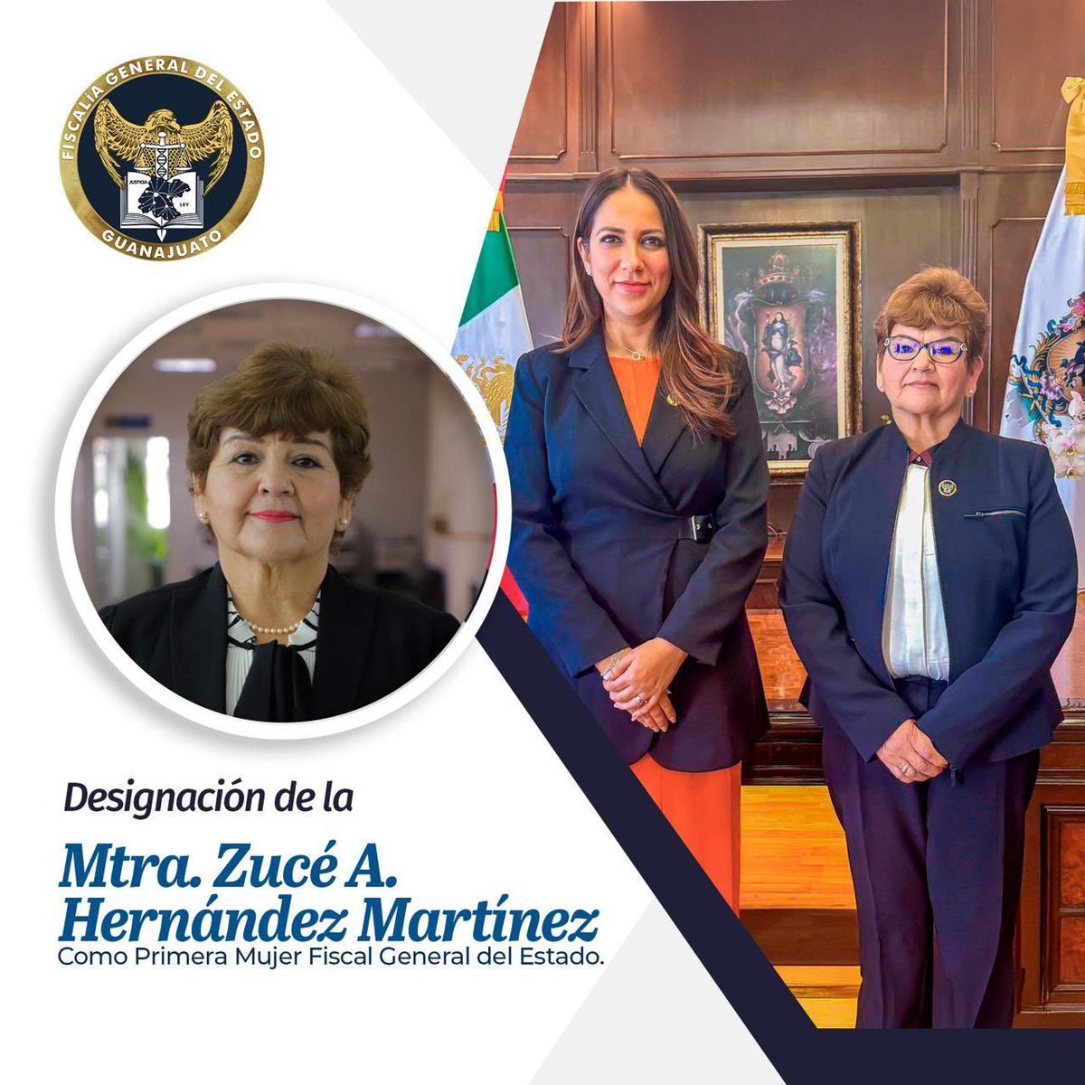 FGEGUANAJUATO's tweet photo. #FGEInforma 

La Mtra. Zucé A. Hernández Martínez, ha sido designada por la Gobernadora @LibiaDennise como Fiscal General del Estado en forma provisional. 

La trayectoria y experiencia por más de 38 años de Mtra. @ZuceHdz, respaldan su nombramiento como la primera mujer en la historia de Guanajuato en encabezar la Institución del Ministerio Público, y permitirán seguir fortaleciendo la procuración de justicia en nuestra Entidad.

La #FiscalíaGuanajuato ratifica su visión, compromiso y responsabilidad de cara a la sociedad, por una procuración de justicia eficaz, cercana y profesional.