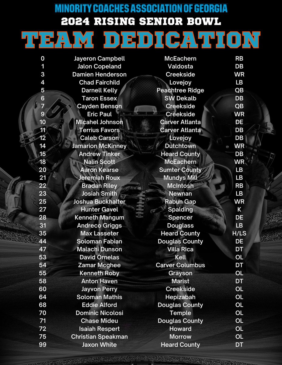College 🏈 Coaches,

The State of Ga - Class of 2026 is pretty darn good!  The recruiting of the State of GA starts with these Legends of the <a href="/MCARisingSenior/">MCAofGA Rising Seniors Game</a> game.  Dm for more info &amp; you can see me at the convention as well in Charoltte!  <a href="/MCAOFGA/">Minority Coaches Assoc of GA</a> <a href="/SportsFre/">FRE Sports Recruiting</a>  <a href="/Champions_Elite/">Champions Elite Camp</a>