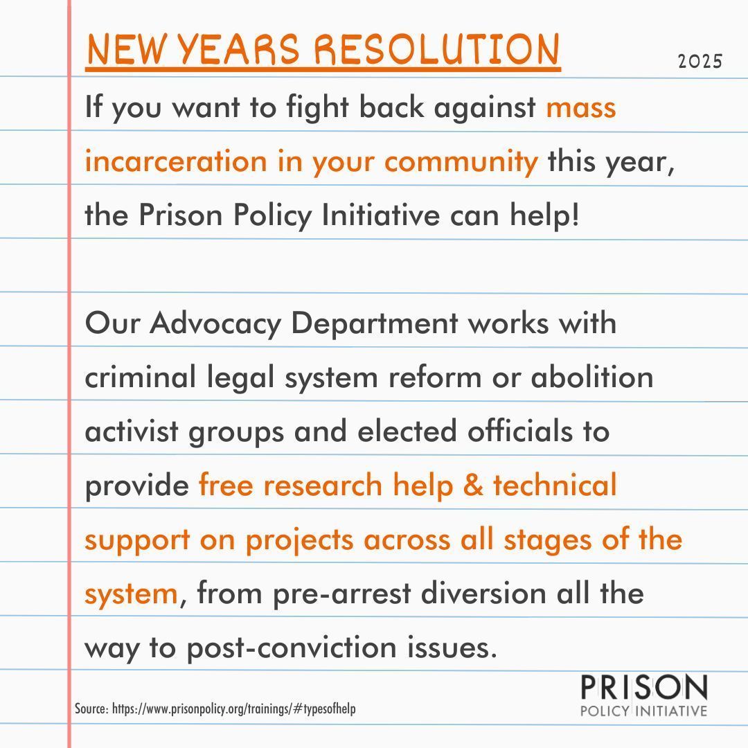 New year, same fight to end mass incarceration – and we want to help other orgs in the fight 🫵

Learn more about how our Advocacy Dept. can provide free research help &amp; technical support on projects across all stages of the system in your area this year:
prisonpolicy.org/trainings/