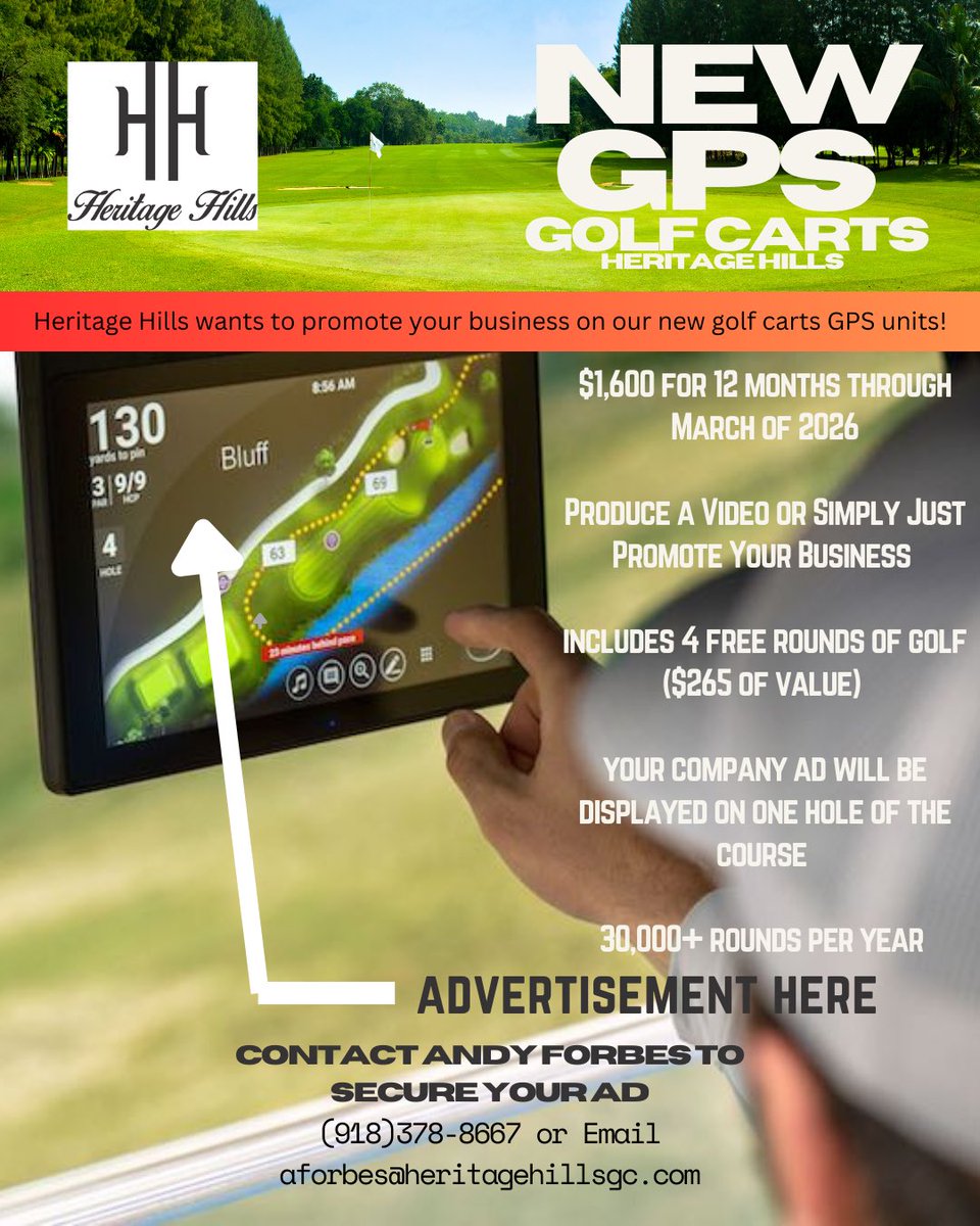 Heritage_Hills_'s tweet photo. 🌟Attention Local Businesses!🌟

Happy New Year from Heritage Hills Golf Course!! We are thrilled to offer you the chance to promote your business on our new golf cart GPS units! 🚗⛳ 
Interested? Contact us at (918) 378-8667 or on our website @heritagehillsgc.com to learn more! https://t.co/DeCaqfLRWf