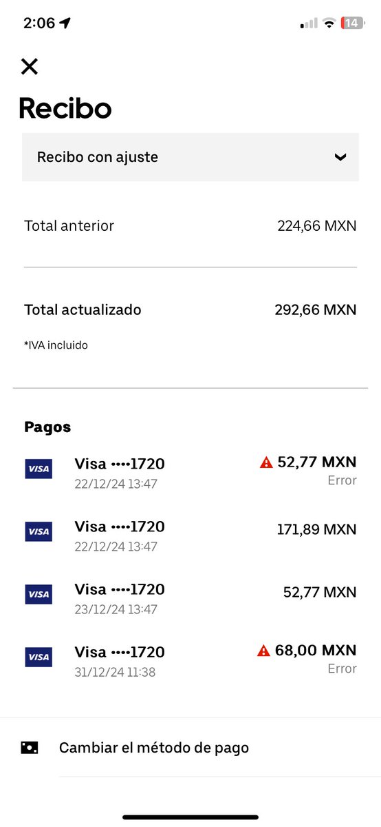 RicardoMX8's tweet photo. Que paso @Uber_MEX cada que quieras vas a estar ajustando la tarifa? Van dos ajustes al mismo viaje, se suponía que ya estaba liquidado. No abusen! @Profeco ojo en eso. https://t.co/mNQ6MyS7XP